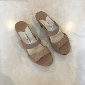 Jimmy Choo Tan Leather Studded Wedge Sandals